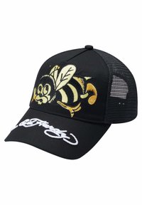 Svart basebollkeps med broderad bi-design i gult och vitt. Har nätbak och vit text på framkullen.
