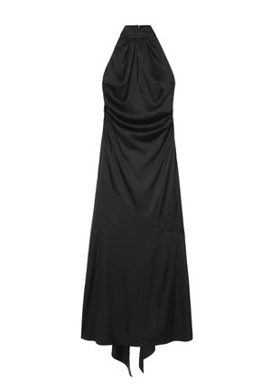 Schwarzes Trägerkleid aus glattem Stoff, mit gerafftem Ausschnitt, fließender Silhouette und asymmetrischem Saumdetail.