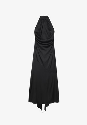 Schwarzes Trägerkleid aus glattem Stoff, mit gerafftem Ausschnitt, fließender Silhouette und asymmetrischem Saumdetail.