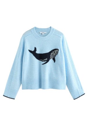 Pull en maille bleu clair avec un motif de baleine noir et blanc sur le devant, manches longues et poignets et ourlet côtelés.