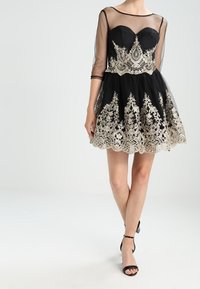 Svart klänning med genomskinliga långa ärmar, som har intrikata gyllene broderier längs fållen och bodicen. Tajt överdel, utbredd kjol och rund halsringning.