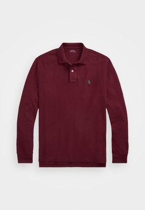 Bordeaux lange mouwen polo shirt, gemaakt van katoen, met een geribde kraag, een knoopsluiting met twee knopen en een groen logo op de linkerkant van de borst.