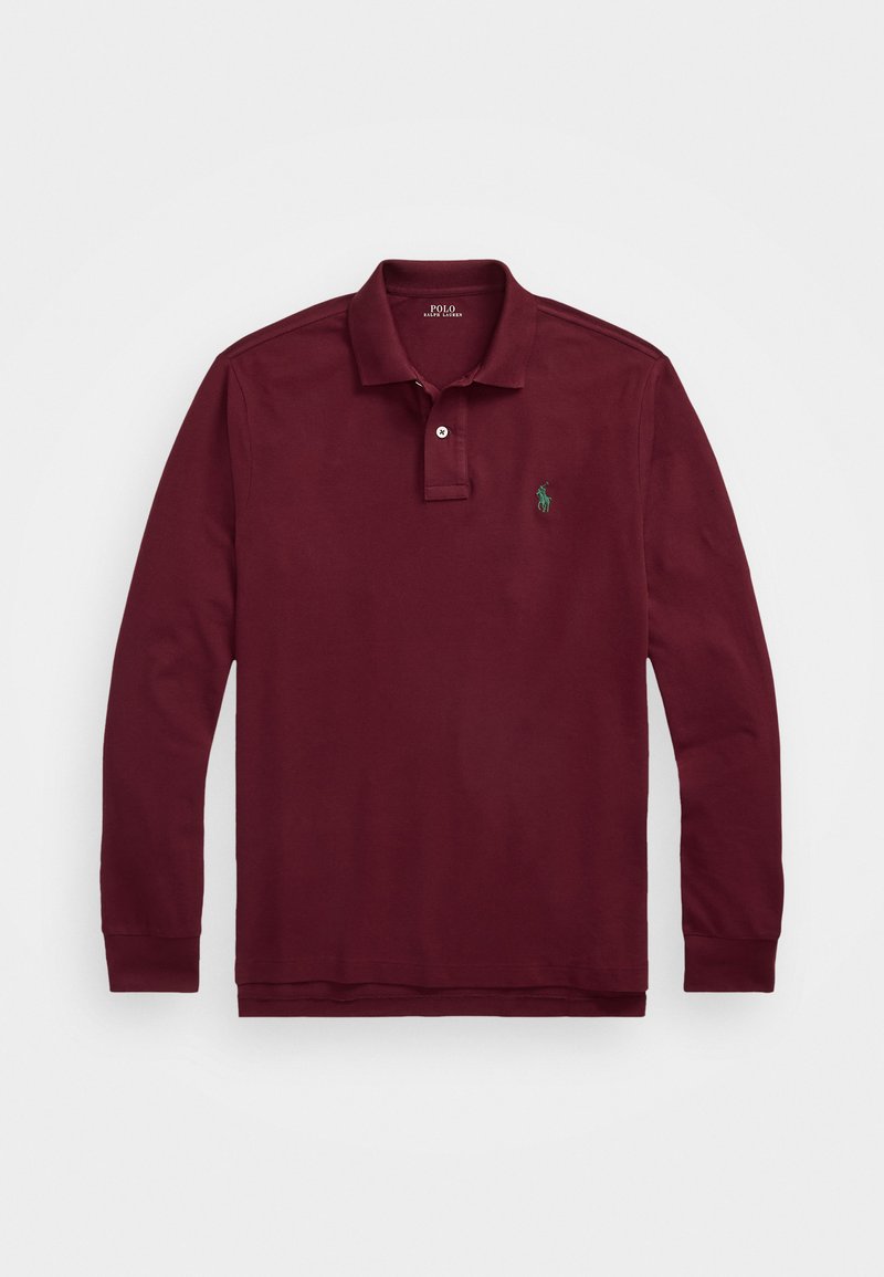Polo a maniche lunghe color bordeaux, realizzato in cotone, con colletto a coste, patta con due bottoni e un logo verde sul lato sinistro del petto.