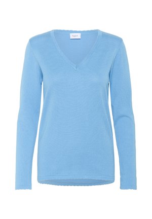 Gaiši zils garām piedurknēm džemperis ar V veida kakla izgriezumu, ribota faktūra un viļņota apakšmala. Izgatavots no mīksta auduma, pie kakla ir etiķete.