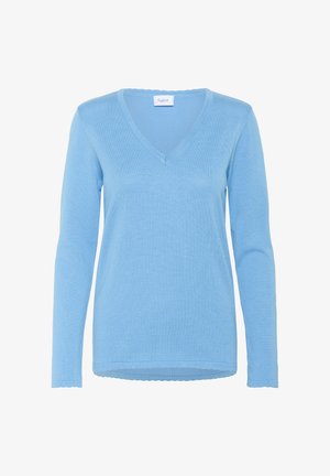 Helles blaues Langarm-Sweatshirt mit V-Ausschnitt, gerippter Textur und gewelltem Saum. Aus weichem Material gefertigt, mit einem Etikett am Hals.