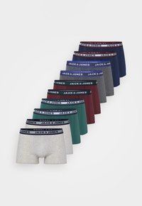 Set von acht Paar Herren-Boxershorts in verschiedenen Farben: grau, marineblau, burgunderrot, grün, mit elastischem Bund und "JACK & JONES"-Logo.
