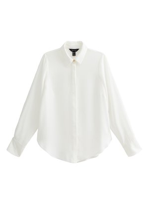 Witte blouse met lange mouwen gemaakt van gladde stof, heeft een spitse kraag, knoopsluiting en een afgeronde zoom met geruite manchetten.