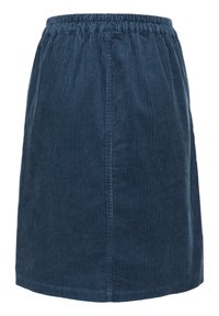 Jupe en velours côtelé bleu marine avec taille élastique, coupe droite et texture côtelée verticale visible.