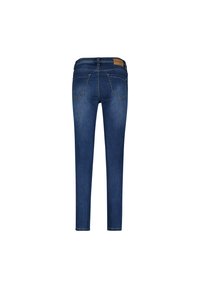 Slim-fit blå denimjeans med mellemhøj talje, fem lommer og et brunt lædermærke på den bagerste talje. Glat tekstur, klassisk design.
