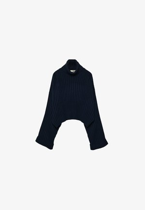 Granatowy sweter z prążkowanej dzianiny z wykończeniem w stylu crop, z szerokimi rękawami, zwieńczony przewróconym kołnierzem i złożonymi mankietami. Miękka textura.