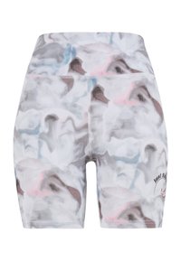 Korkeavyötäröiset shortsit joustavasta, sileästä kankaasta, joissa pyörivä kuvio harmaata, valkoista, vaaleanpunaista ja sinistä. Vasemmassa reisessä logo.