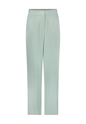 Pantalon vert clair à jambes droites avec une ceinture avant plate et une fermeture avant dissimulée, présenté sur un fond blanc.