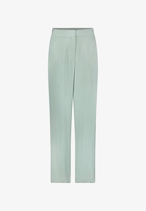 Pantalon vert clair à jambes droites avec une ceinture avant plate et une fermeture avant dissimulée, présenté sur un fond blanc.