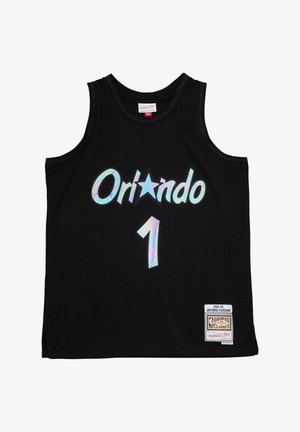 Maglia da basket nera con la scritta "Orlando" in lettere olografiche e il numero "1". Realizzata in tessuto a rete con orlo dritto.