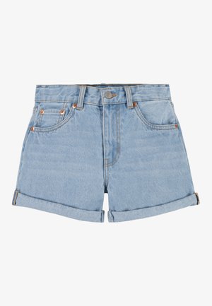 Pantaloni shorts in denim azzurro chiaro con vita alta, orli arrotolati, cinque tasche e dettagli in metallo color rame. Tessuto morbido e design classico.