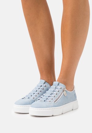 Light blue suede sneakers with a white rubber sole, lace-up front, and side zipper detail for easy access. Textured upper and contrasting stitching.
