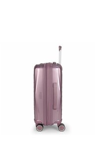 Hartschalenkoffer in metallisch rosé, mit strukturierter Oberfläche, ausziehbarem Griff und vier leicht rollenden Rädern für maximale Mobilität.