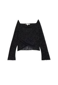 Sort blonde top med firkantet halsudskæring og lange ærmer. Stoffet har et blomstermotiv med lagdelte designelementer og en semi-gennemsigtig tekstur.