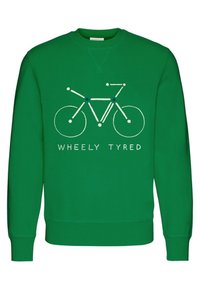 Zelená mikina vyrobená z bavlny, s grafikou bicyklu v bílé a modré barvě a textem "WHEELY TYRED" níže. Jednoduchý design pulovru.