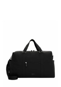 Black duffel bag made of smooth synthetic material. Features two top handles, a detachable shoulder strap, and a front zippered pocket.