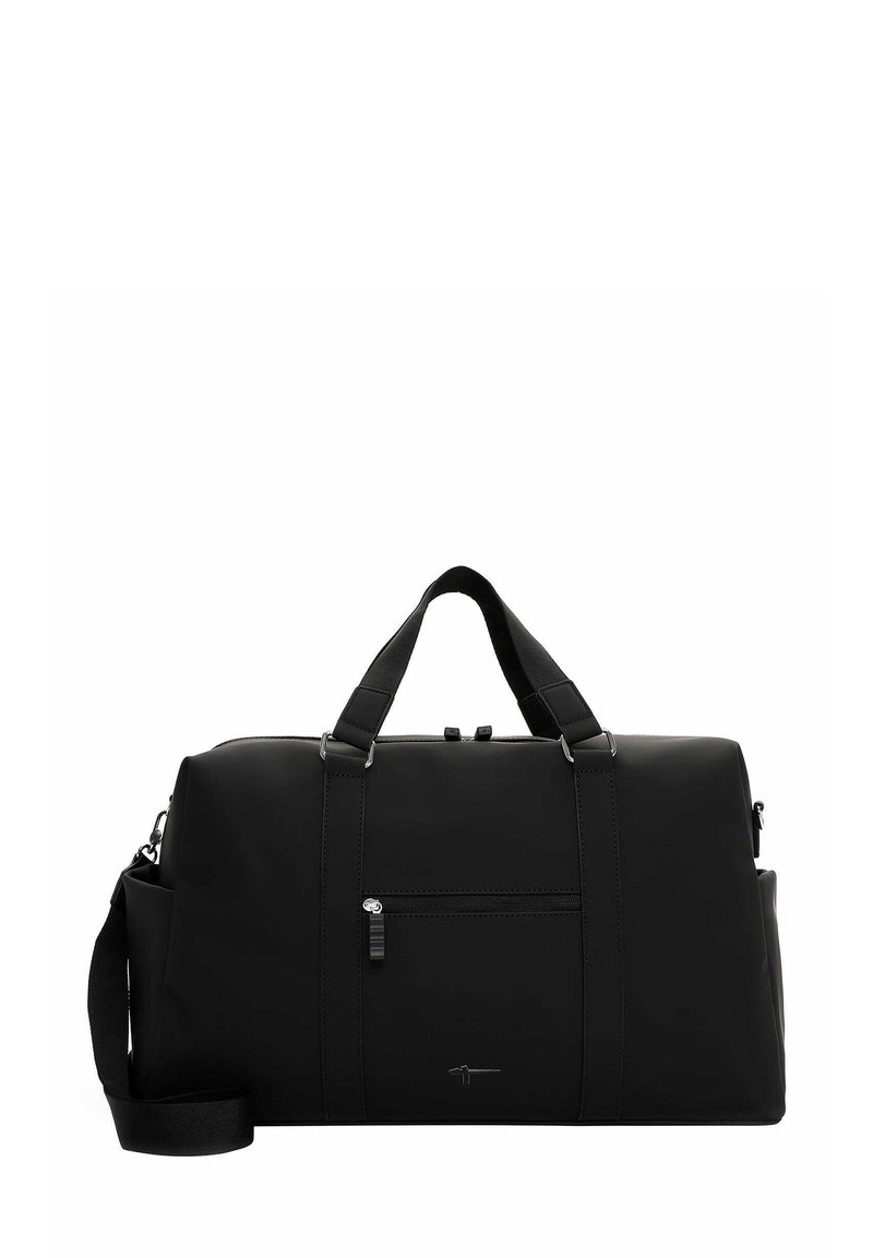 Black duffel bag made of smooth synthetic material. Features two top handles, a detachable shoulder strap, and a front zippered pocket.