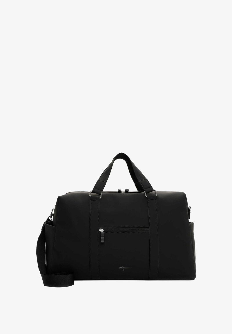 Czarna torba sportowa wykonana z gładkiego syntetycznego materiału. Posiada dwa górne uchwyty, odpinany pasek na ramię oraz przednią kieszeń zapinaną na zamek.