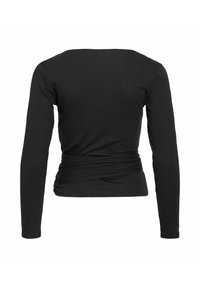 Μαύρο εφαρμοστό τοπ με μακριά μανίκια, με φαρδιά λαιμόκοψη τύπου βαρκούλα και λεπτομέρεια που δένει στη μέση, εμφανιζόμενο από πίσω.