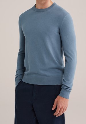 Man draagt een lichtblauwe trui met lange mouwen en een ronde hals en donkerblauwe broek, met één hand in de zak, tegen een neutrale achtergrond.