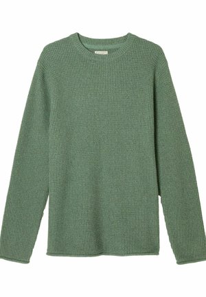 Khaki zelený pletený sveter s rebrovanou štruktúrou, okrúhlym výstrihom a dlhými rukávmi; má voľný strih a rovný spodný lem.