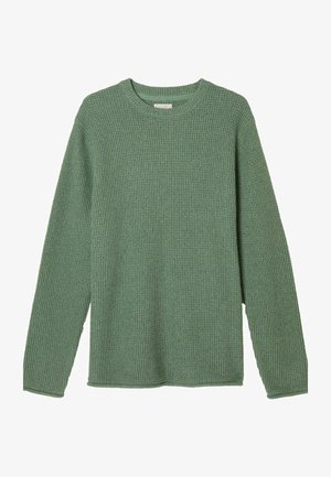 Khaki zöld kötött pulóver bordázott textúrával, kerek nyakkivágással és hosszú ujjakkal; laza szabással és egyenes szegéllyel rendelkezik.