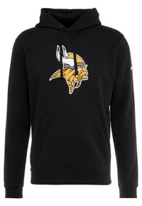 Sweat à capuche noir en tissu mélange de coton, arborant un logo des Minnesota Vikings en jaune, blanc et violet. Comprend une poche avant et une capuche à cordon.