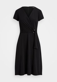 Zwarte wikkeljurk met korte mouwen, een V-halslijn, zijden knoopdetail en een getailleerde taille. Glad, lichtgewicht stof met subtiele draping.