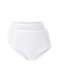 Weiße Baumwollunterwäsche mit hoher Taille, ausgestattet mit einer glatten Oberfläche, einem elastischen Bund und einem vollen Schnitt; verkauft im Zweierpack.