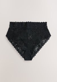 Sous-vêtement féminin noir en dentelle taille haute avec motif floral et bords festonnés sur fond clair.