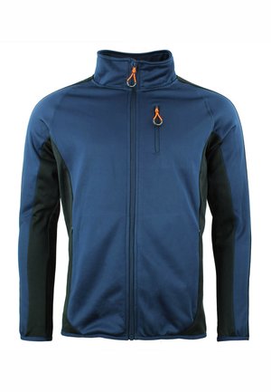 Veste zippée bleu et noir, avec un col montant, des tirettes de fermeture éclair orange et des poches latérales. Texture douce avec des panneaux extensibles.
