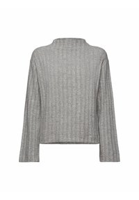 Harmaa ribattava neuletakki, jossa on korkea kaulus ja pitkät hihat, sekä teksturoitu muotoilu ja rento istuvuus. Valmistettu pehmeästä, lämpimästä materiaalista.