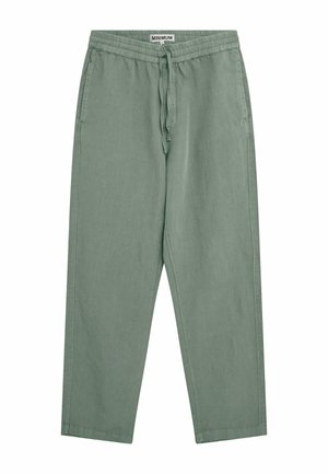 Pantalon décontracté vert clair avec taille élastique, cordon de serrage, poches latérales et coupe droite.