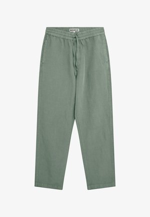 Pantalon décontracté vert clair avec taille élastique, cordon de serrage, poches latérales et coupe droite.