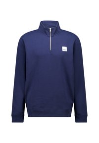 Navy blue pullover sweatshirt with a stand-up collar, half-zip, and a small white logo patch on the chest. Soft cotton fabric, ribbed cuffs.