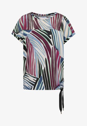 Camicia a maniche corte a righe multicolore con motivo astratto, collo rotondo e dettaglio con coulisse nera regolabile all'orlo.