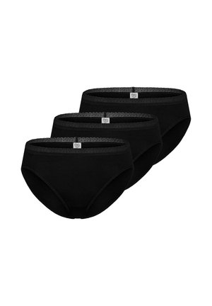 Three identical black women's briefs with lace trim and a small front label, displayed against a white background.