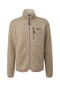 Beige gepunktete Fleece-Jacke mit durchgehendem Reißverschluss, Brustreißverschluss-Tasche, hohem Kragen und Patch "Elevated Casual est. 1969" auf der Brust.