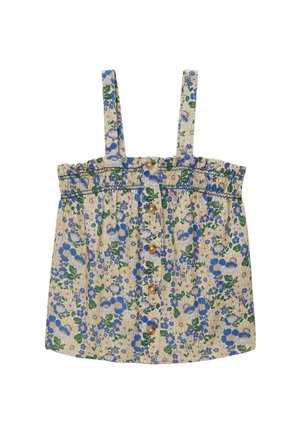 Haut sans manches fleuri avec bretelles ajustables, base crème, motif floral bleu et vert, fermeture à boutons sur le devant, taille froncée et tissu texturé.