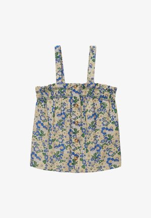 Haut sans manches fleuri avec bretelles ajustables, base crème, motif floral bleu et vert, fermeture à boutons sur le devant, taille froncée et tissu texturé.