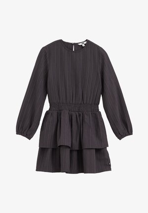 Langärmliges dunkelgraues Kleid aus strukturiertem Stoff, elastischer Taille, mehrlagigem Rock und rundem Ausschnitt mit Knopfverschluss hinten.