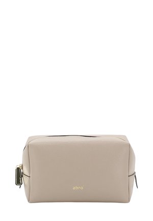 Beige rectangular leather toiletry bag with gold zipper and small gold "abrò" logo on front center.