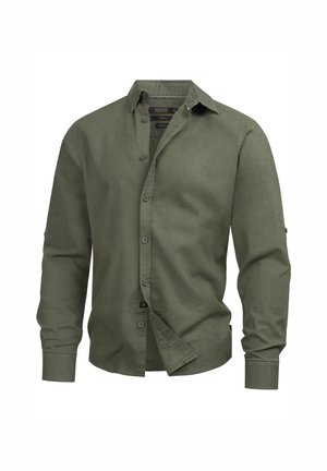 Green button-up shirt crafted from lightweight fabric, featuring a collar, long sleeves, and a slightly curved hem.
