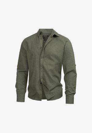 Green button-up shirt crafted from lightweight fabric, featuring a collar, long sleeves, and a slightly curved hem.