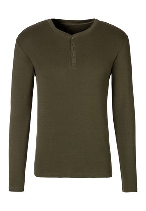 Long-sleeve olive green henley shirt made of ribbed fabric. Features three button placket and round neckline. Solid color, no patterns.
