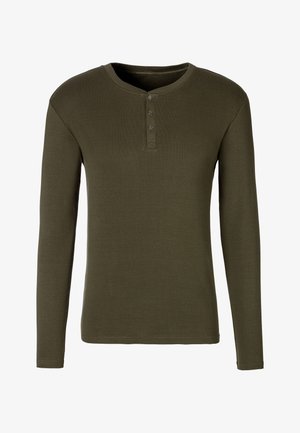 Langärmliges olivgrünes Henley-Shirt aus geripptem Stoff. Mit einem Knopfverschluss und runder Ausschnitt. Einfarbig, ohne Muster.
